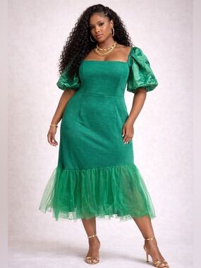 Puff-Sleeve Portrait-Neckline Dress